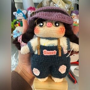 Handcrafted Plush Doll with Purple Hat and Blue Overalls
